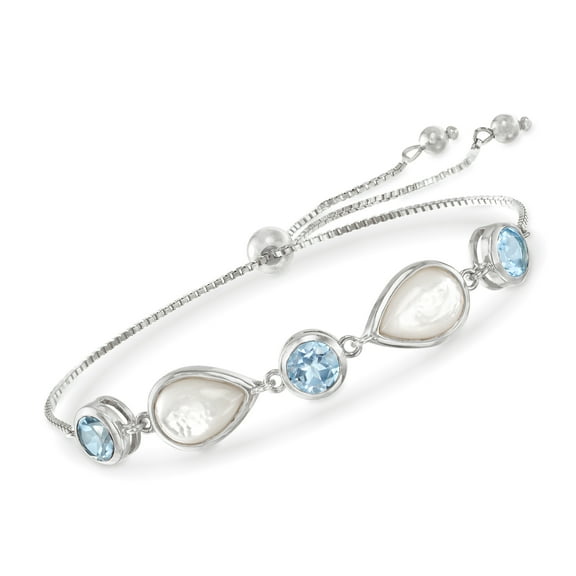 Ross-Simons Mother-Of-Pearl and 6.00 ct. t.w. Blue Topaz Bolo Bracelet in Sterling Silver, Women's, Adult
