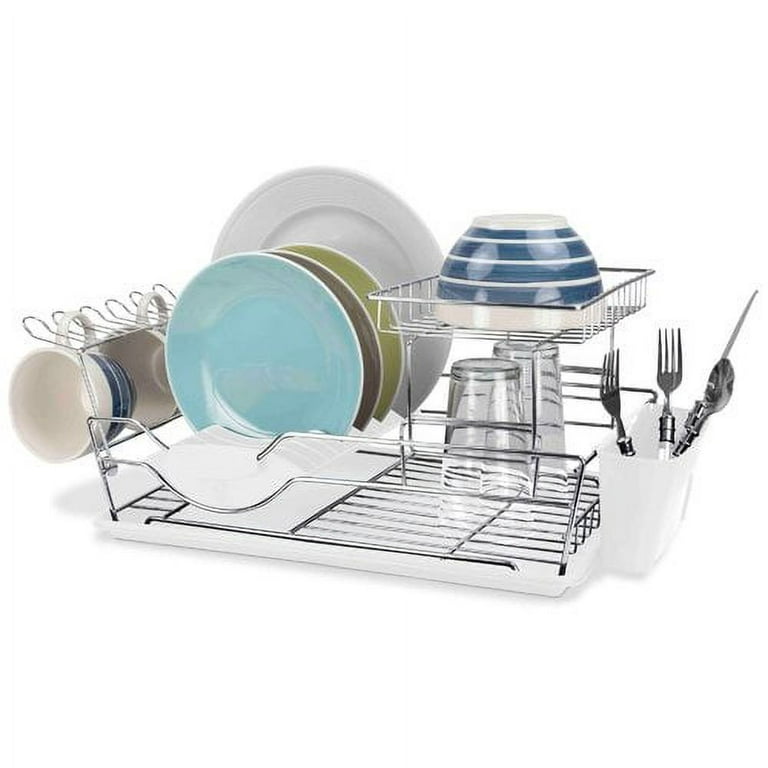 2 Tier Dish Drainer, By Home Basics (Red) Dish Rack For Kitchen Counter,  With Cutlery Holder and Cup Slots