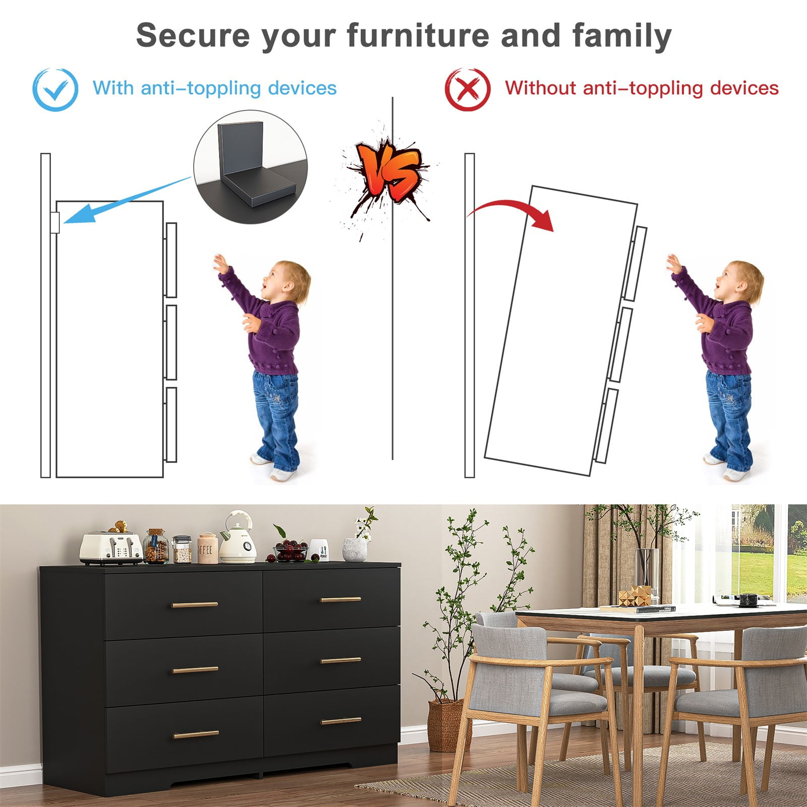 Hommoo 6-Drawer Dresser, Storage Cabinet Dresser Organizer, Chest of Drawers for Living Room, Closet, Hallway, Nursery, Black