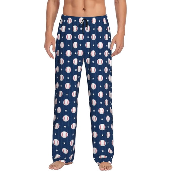 Baseball Star On Blue Men's Pajama Pants Soft Breathable Sleep Lounge Pants With Pockets, Elastic Waist PJS Bottoms For Nightwear & Home Large