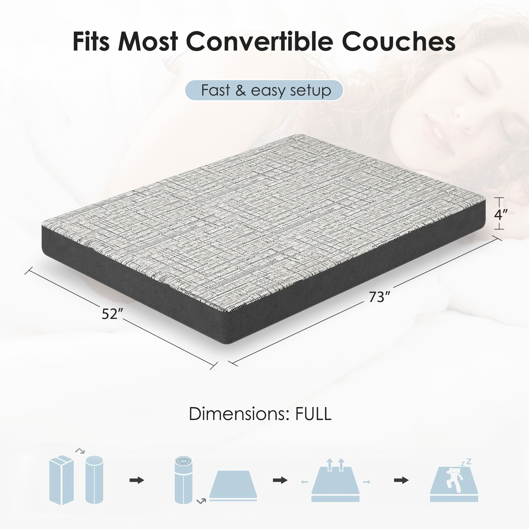 4 Inch Full Size Pull-out Sofa Replacement Gel Memory Foam Mattress, CertiPUR-US Certified, with Removable Washable Cover, Non-Slip Bottom, for RV Couch Dorm Beds Guest Rooms, Sofas, RVs & Boats