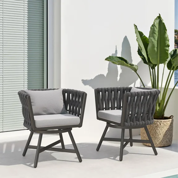 EVERITE 2-Piece Swivel Patio Dining Armchair, Full Metal Frame with Removable Cushions，Dark Gray