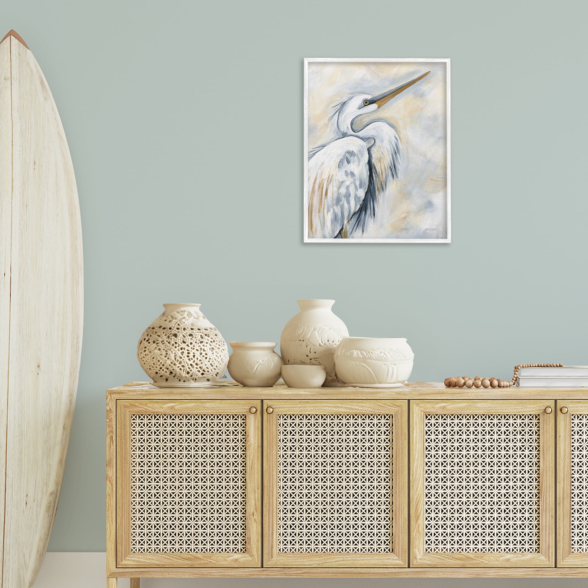 Stupell Industries Muted White Egret Animals & Insects Painting White Framed Art Print Wall Art, 24 x 30