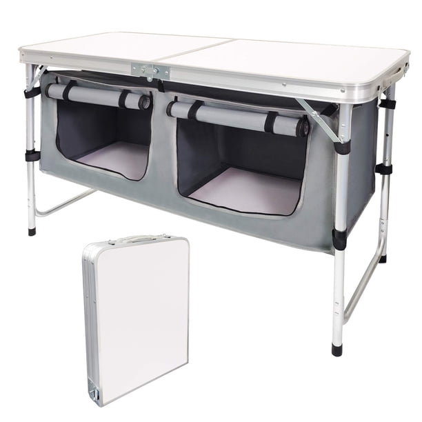 CampLand Mesa de camping plegable para exteriores con aluminio, ligera, altura ajustable con organizador de almacenamiento, mesa de picnic para barbacoa, fiesta, camping (blanco)