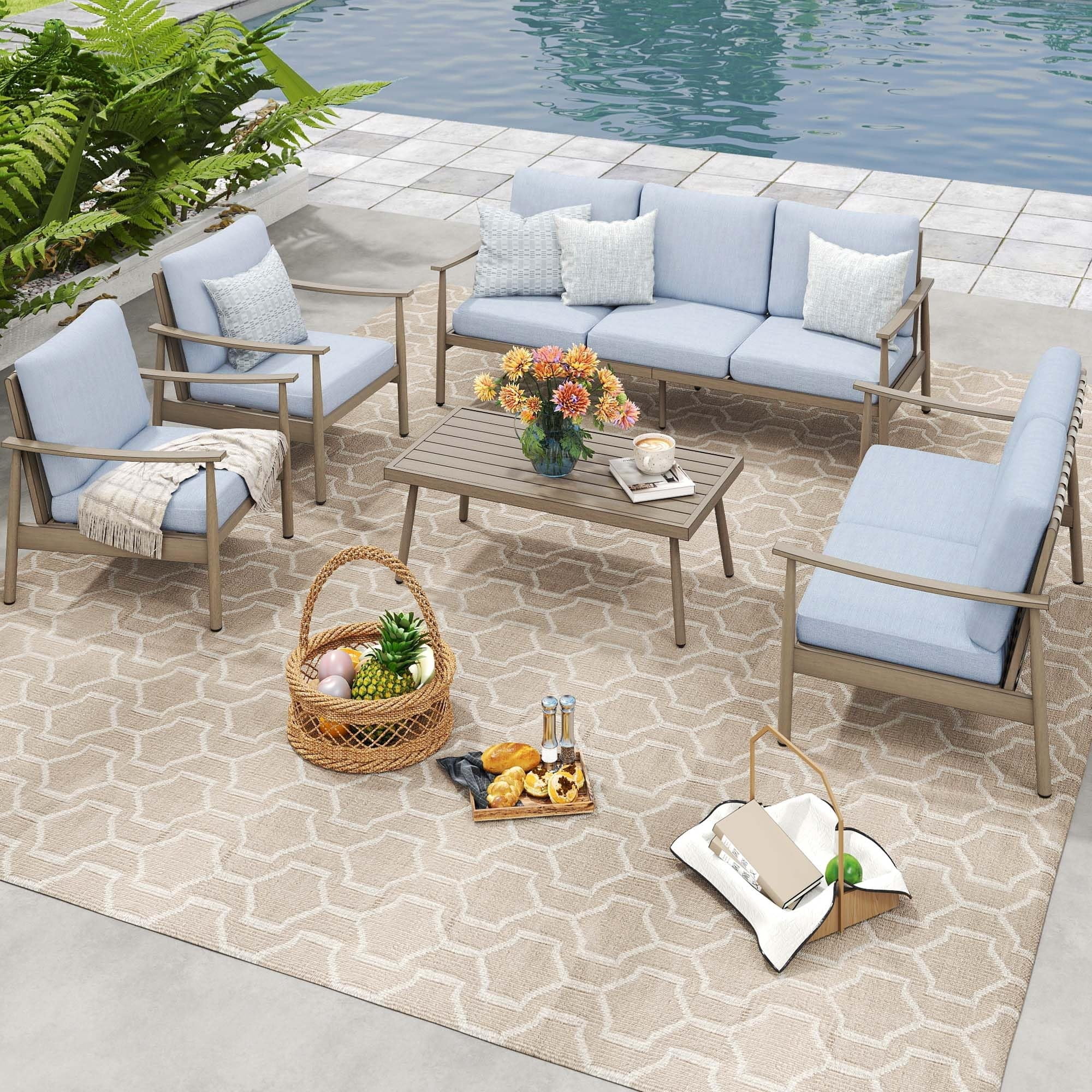 Patio Sofa 3 Seater Outdoor Aluminum Couch with Rope Backrest Thick Cushion All Weather Patio Furniture for Deck Backyard Porch, Blue
