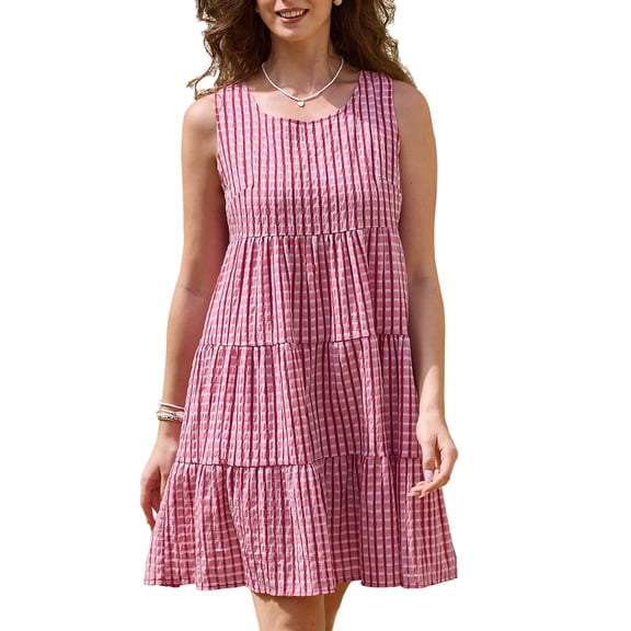 DARING DIVA Women's Gingham Flowy Swing Plaid Tiered Short Dresses S Red