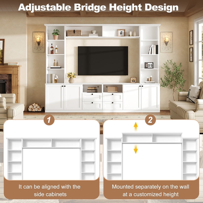 Farmhouse Entertainment Center Wall Unit with Drawers & Adjustable Shelves, TV Stand Media Console with Bridge for TVs Up to 70"