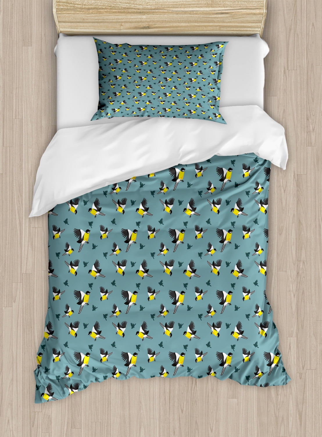 Bird Duvet Cover Set, New Zealand Tomtits Exotic Animal Pattern