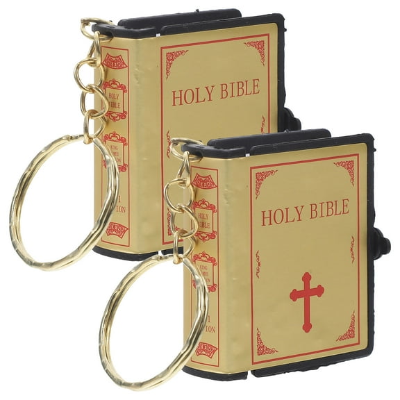 OUNONA 2pcs Bible Metal Keychain Miniature Book Pendant Key Rings Religious Gifts