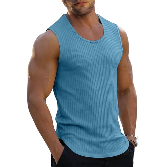 Dresfit Shirts for Men Scoop Neck Sleeveless Beach Tank Tops Summer 2026 Knit Muscle Tees Big and Tall Solid Lightweight Men's Undershirts Light Blue 3XL