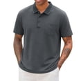 thumbnail image 2 of Kalauyu Mens Striped Knit Tops Summer Cotton Blend Short Sleeve T Shirts Loose Turn Down Collar with Pocket Button Daily Casual Shirts, 2 of 5