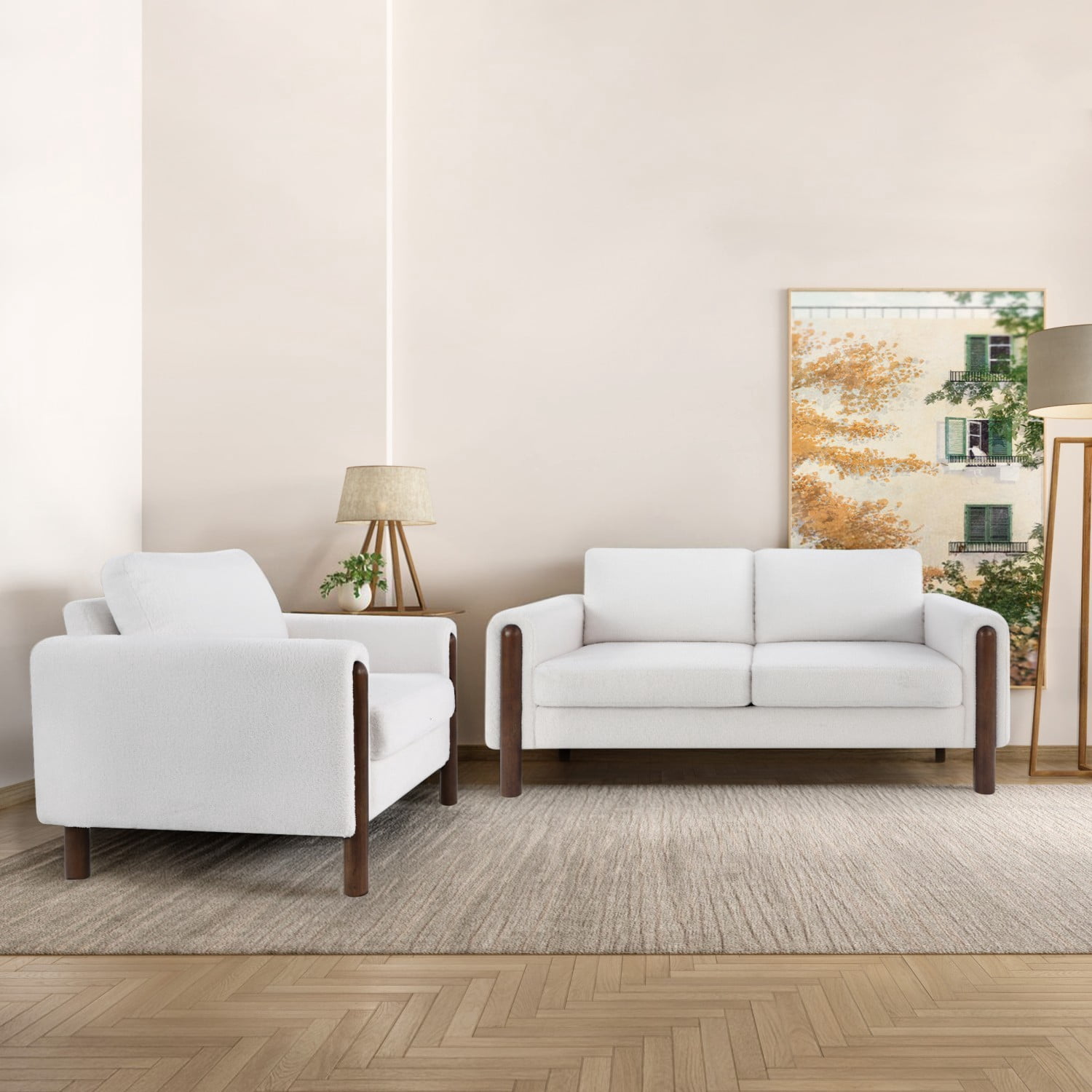 Mid Century Modern 2 Seater Loveseat Sofa Teddy Fabric Upholstered Couch with Walnut Legs and Back Pillows for Living Room Bedroom Office, White