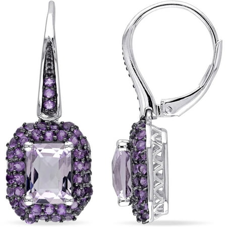 Tangelo 5-1/4 Carat T.G.W. Rose de France and Amethyst Sterling Silver Square Leverback Dangle Earrings