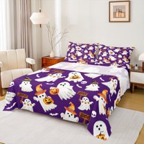 Manfei Cartoon Halloween Ghost Queen Sheet Sets,Boo Pumpkin Lantern Flat Sheet,Purple White Orange Queen Fitted Sheet For Teens,Microfiber Bedroom Decor,4 Pieces