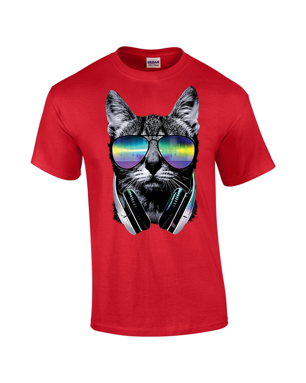 Neon Cat in Glasses with Headphones Funny Adult Short Sleeve Tshirt