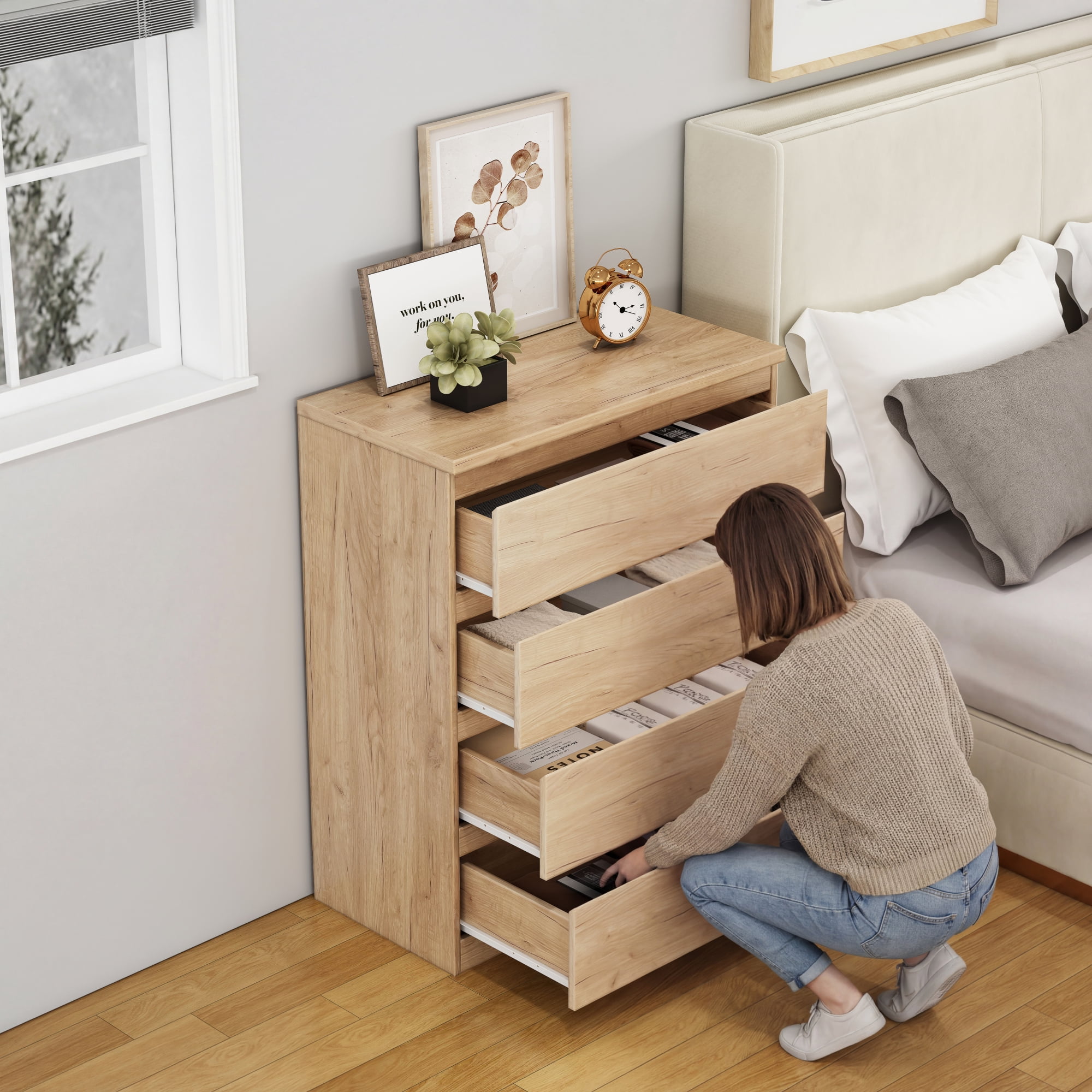 Leumius 4 Drawer Dresser, 31.5In Modern Storage Dresser with Handle-Free Design, Closet Chests Organizer for Bedroom Living Room Natural