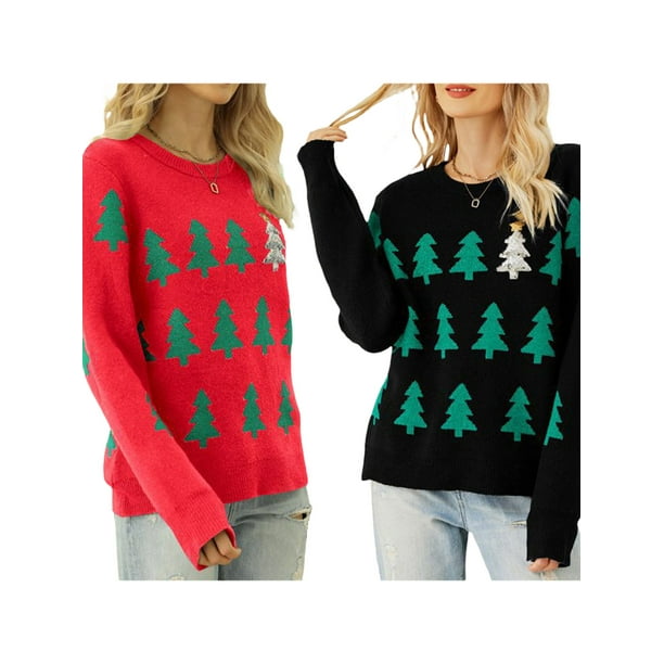 Nituyy Femmes Noel en Vrac Tricot Pull Noel Arbre Jacquard Manches Longues Pulls Printemps Automne Equipage Cou Pulls Streetwear Walmart