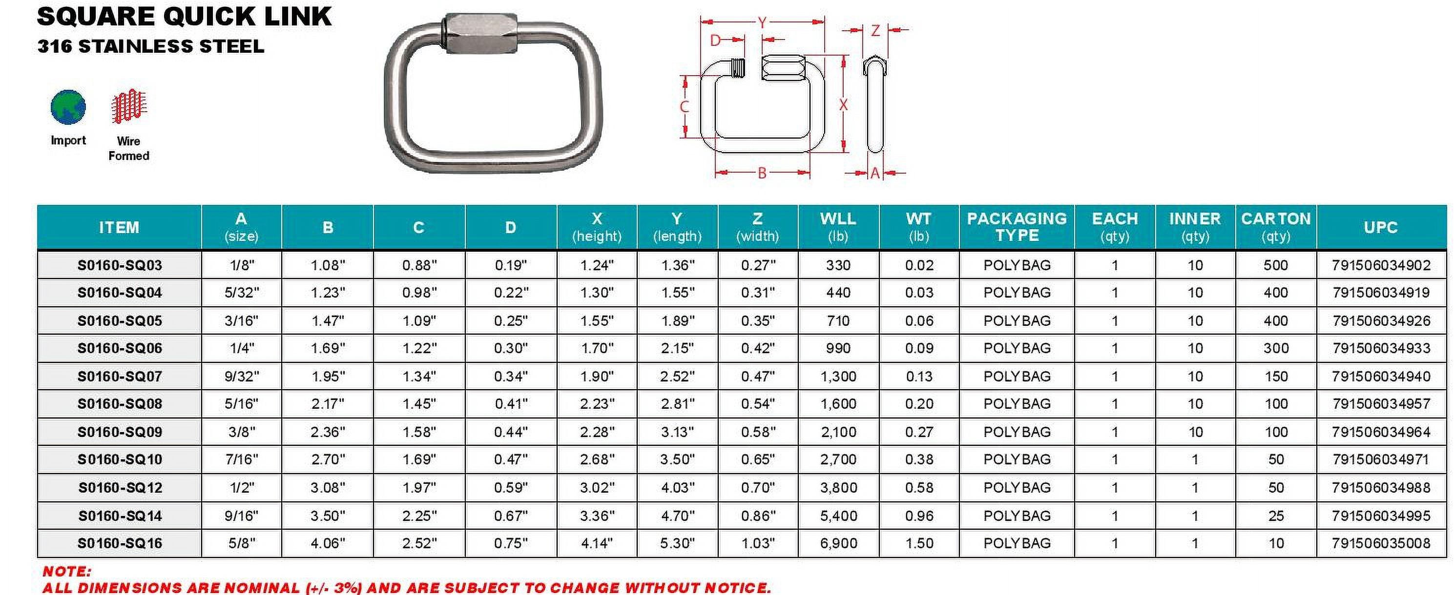 STAINLESS SQUARE QUICK LINK, 3/8", 316 SS