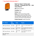 thumbnail image 2 of Right Turn Signal / Parking Light Assembly - Compatible with 1987 - 1989 Toyota 4Runner 1988, 2 of 2