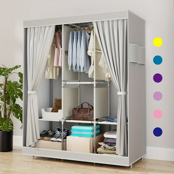 Wardrobe Closet, Portable Clothing Rack for Hanging Clothes, Free Standing Closet Organizers And Storage System with 4 Tiers Shelves for Cloakroom Bedroom, Silvery Gray, Portable Closets