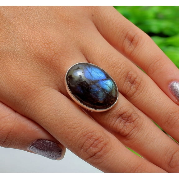 Blue Fire Labradorite Ring August Birthstone 925 Sterling Silver Ring Handmade Ring Oval Labradorite