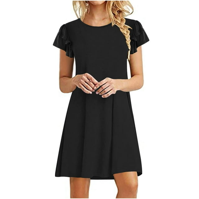 QIPOPIQ Robes pour Femmes avec Poches Manches Courtes Robes Mini Robes Décontractées Robe d'Été à Volants Mignonne Col Rond Robe Fluide Offres 2023