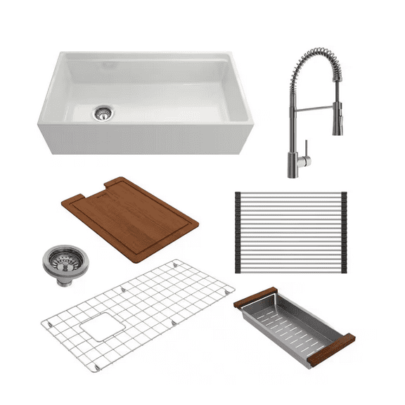 BOCCHI 1505-001-2020SS Apron Front Fireclay 36 Inch Single Bowl Kitchen Sink Kit