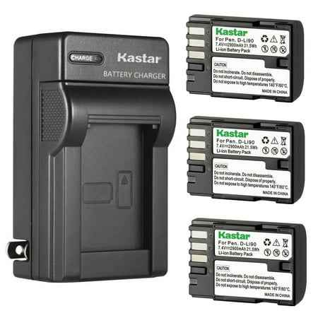 Kastar 3-Pack Battery and AC Wall Charger Replacement for Pentax D-Li90 Battery Pentax D-BC90 K-BC90 Pentax 39830 39835 Charger Pentax 645Z IR K-01 K-1 K-3 II K-3 Mark III K-5 II K-7 II