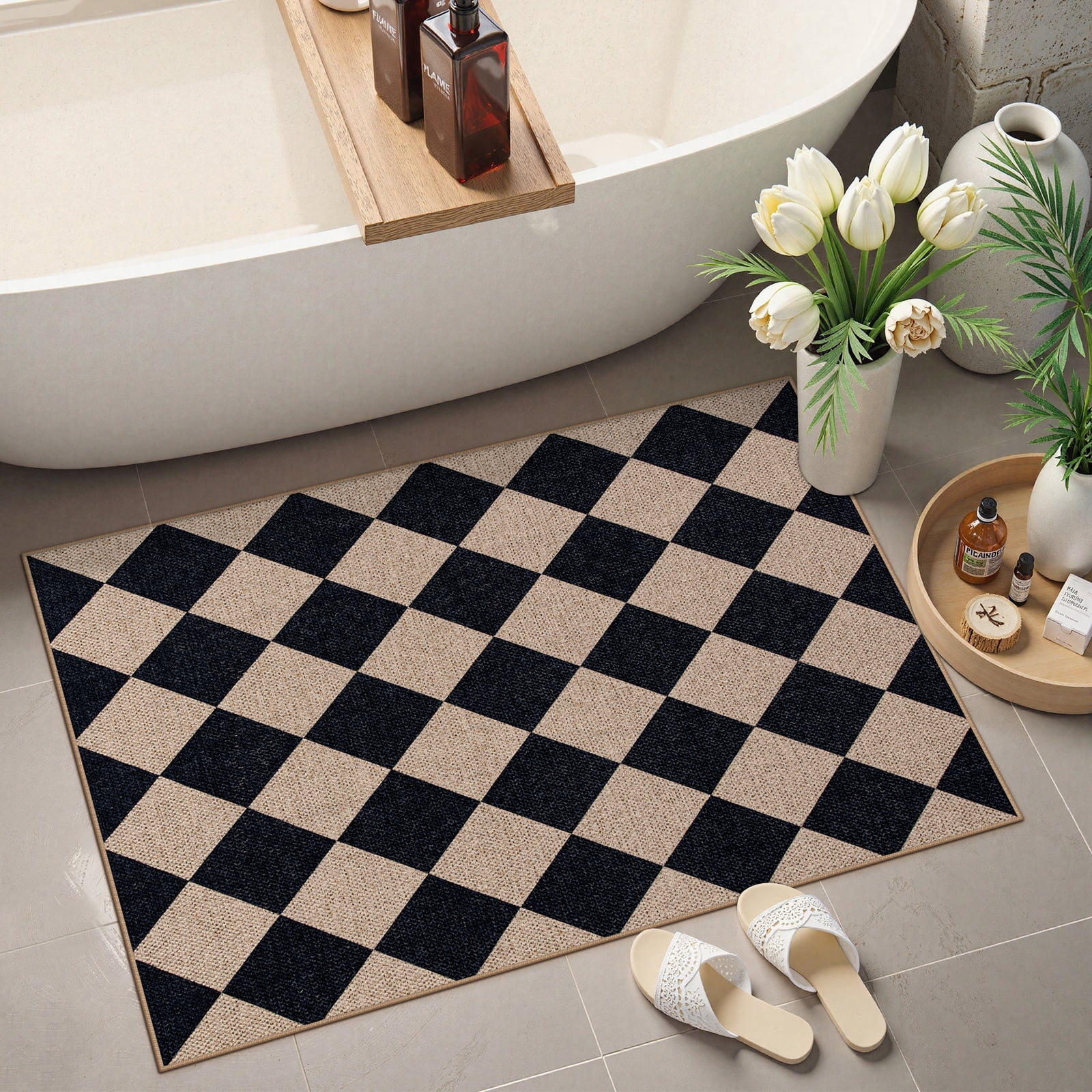 SUNDEREY 2'x3' Easy Jute Area Rug, Washable Small Front Door Mat Rug for Entryway Non Slip, Modern Geometric Kitchen Mats for Floor, Checkered Indoor Carpet for Living Room Bathroom RV,Black