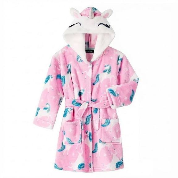 Toddler Girl's Pink Unicorn Print Soft Fleece Hooded Bathrobe, Robe, Size 4T