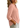 thumbnail image 5 of Cotton Linen Button Down Shirt for Women Ghalytn V Neck Stand Collar Blouse - Long Sleeve Casual Top with Pockets, 5 of 8