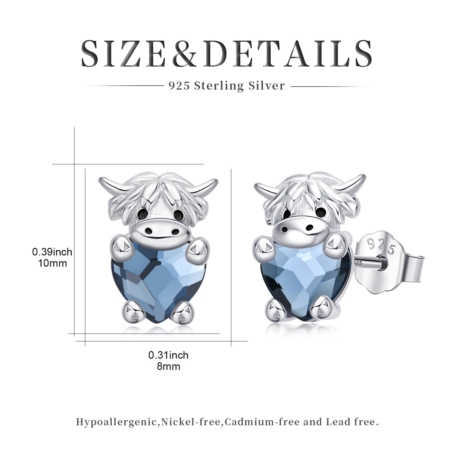 Midir&Etain Highland Cow Earrings Sterling Silver Crystal Cute Animal Studs Earrings for Sensitive Ears Birthday Gifts for Women