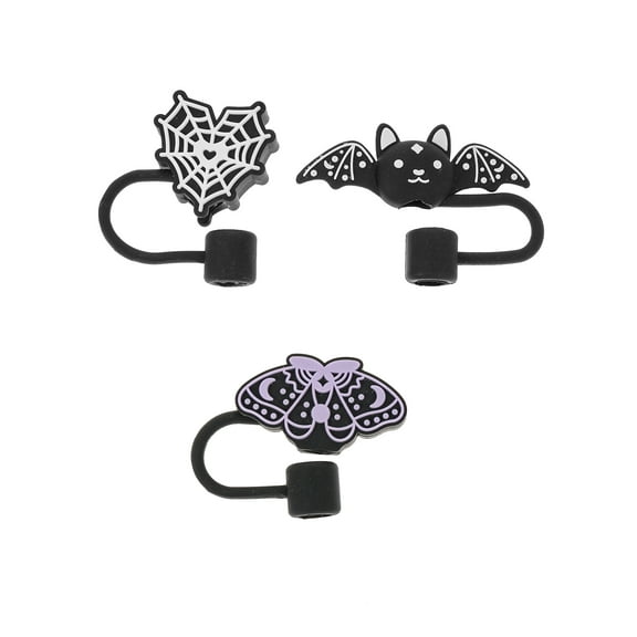 Way to Celebrate Halloween Novelty Silicone Straw Topper Set, Black, 3 Pieces