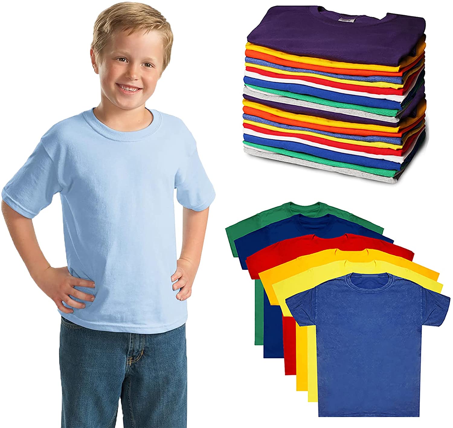 SOCKS'NBULK Kids Assorted Bulk T-Shirts Wholesale Assorted Sizes, Colorful  Cotton Crew Neck T-Shirts, Boys Girls 