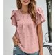 thumbnail image 4 of Top con cuello redondo para mujer, escote plisado, mangas cortas de pétalos, tela jacquard, camiseta informal de verano, rosa oscuro S, 4 of 8