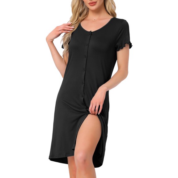 INSPIRE CHIC Women's Nightgown Sleep Dress Short Sleeve Button Down Solid Crewneck Night Dress S Black