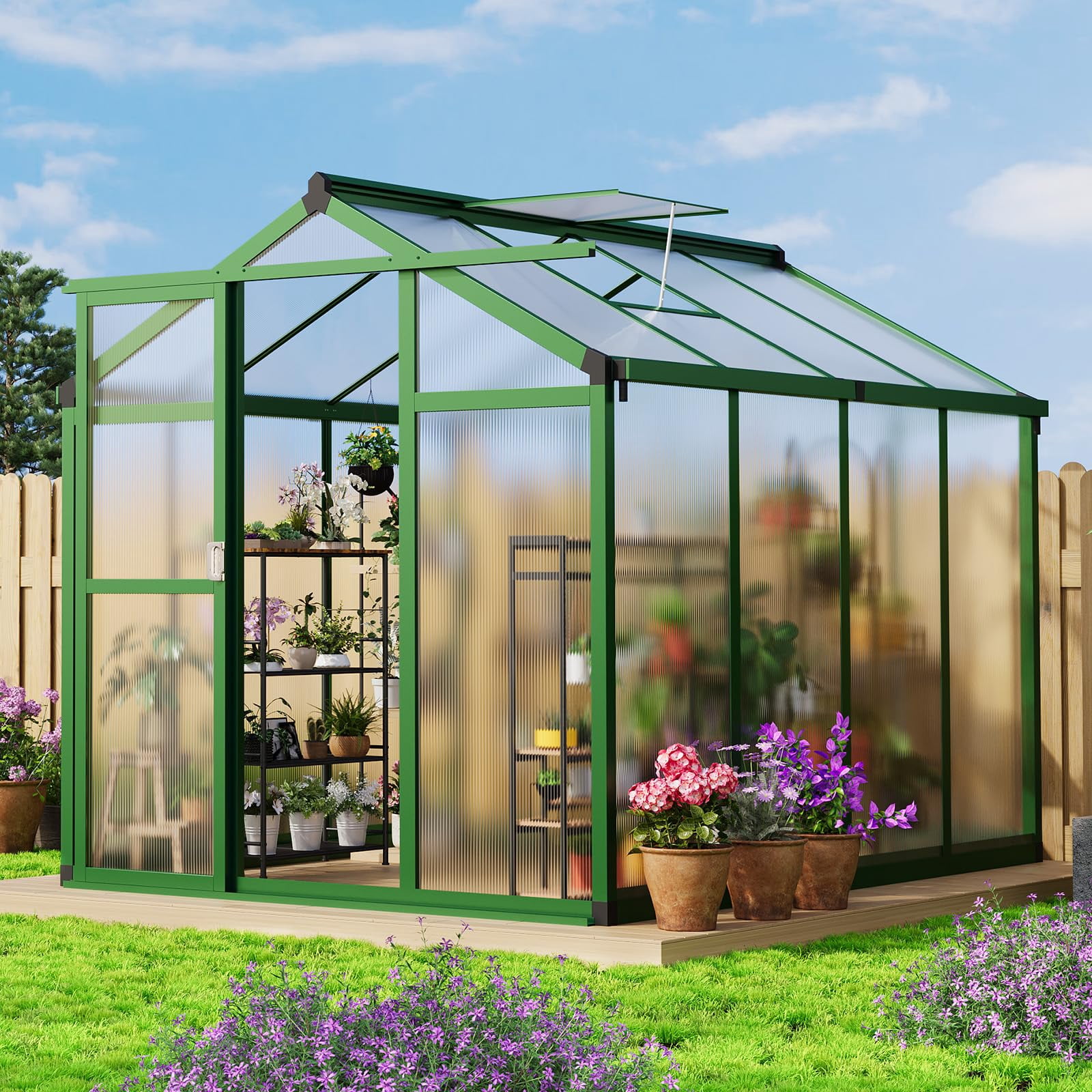 6x8 FT Greenhouse, Large Aluminum Outdoor Polycarbonate Greenhouse with Roof Vent, Walk-in for Winter Garden, Easy Assembly for Backyard & Patio