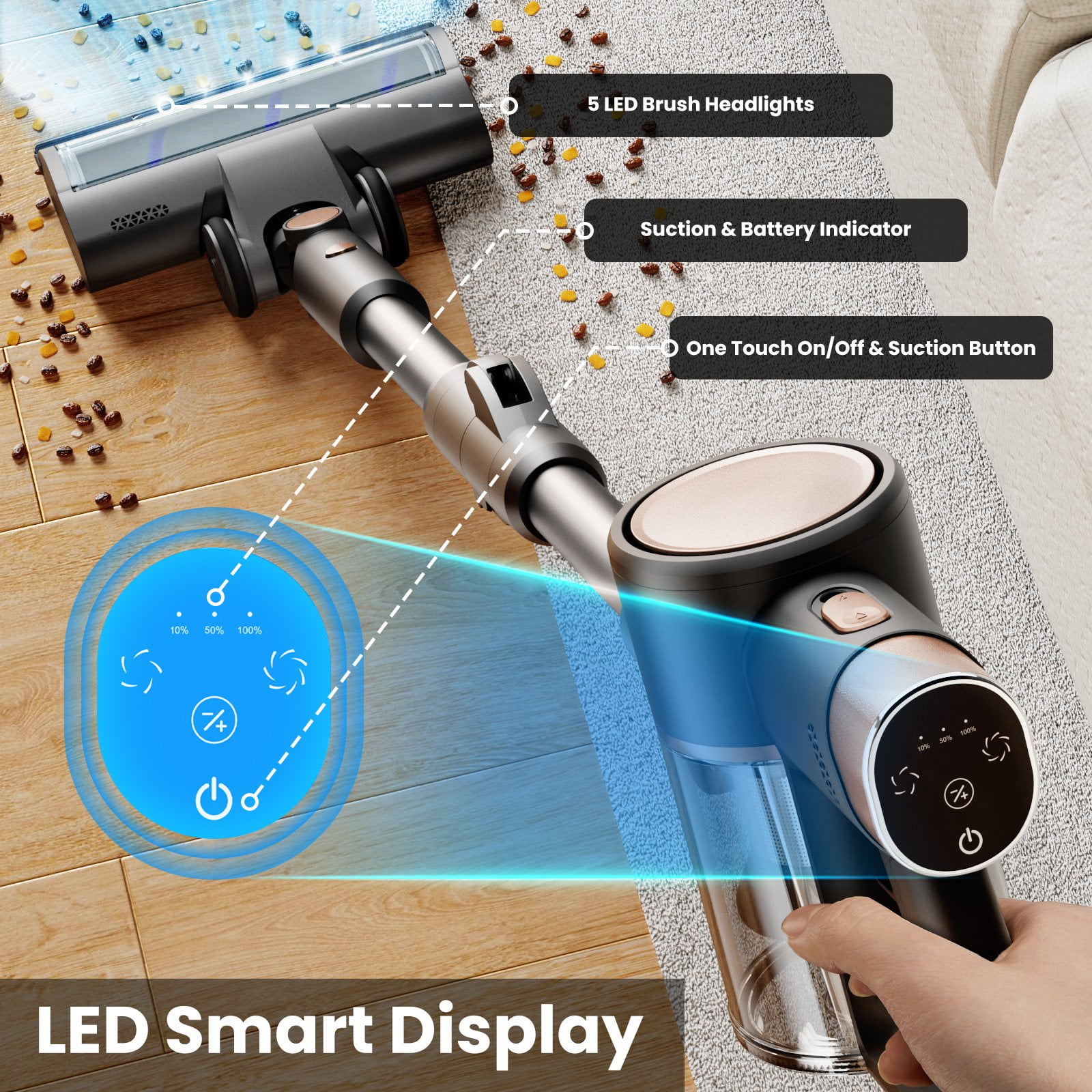 Moifoi Cordless Stick Vacuum Cleaner Lightweight Bendable ,Powerful Suction, Up to 50mins Runtime, Anti-Tangle, Lightweight Wireless Vacuum for Carpet Hard Floor Pet Hair,gray