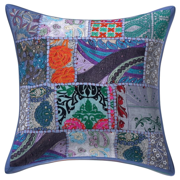Stylo Culture Indian Cotton Home Decor Throw Pillow Sham Cover Grey 16 x 16 Bohemian Vintage Patchwork Indian Couch Cushion Cover 40x40 cm Living Room Abstract Square Pillowcase | 1 Pc