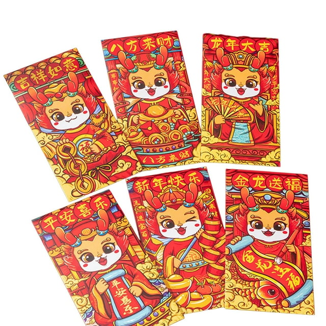6 sobres rojos de Año Nuevo con bolsillos para dinero de la suerte, sobres chinos para dinero de la suerte. Estilo A