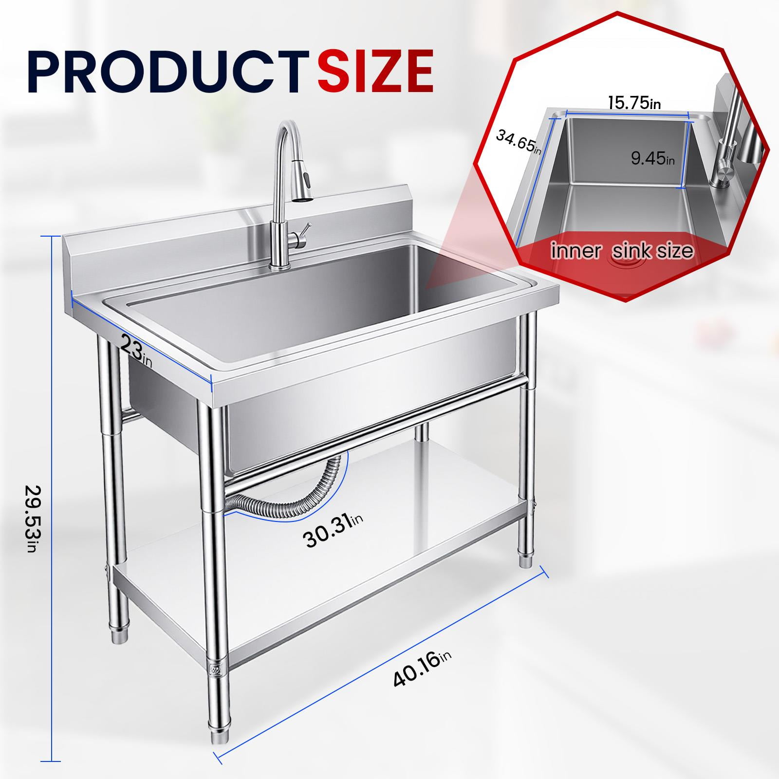Stainless Steel Utility Large Single Sink, Freestanding Commercial Kitchen Sink with Pull Out Faucet, Laundry Sink, Expandable Hose for Basement Outdoor Indoor Use (Silver)