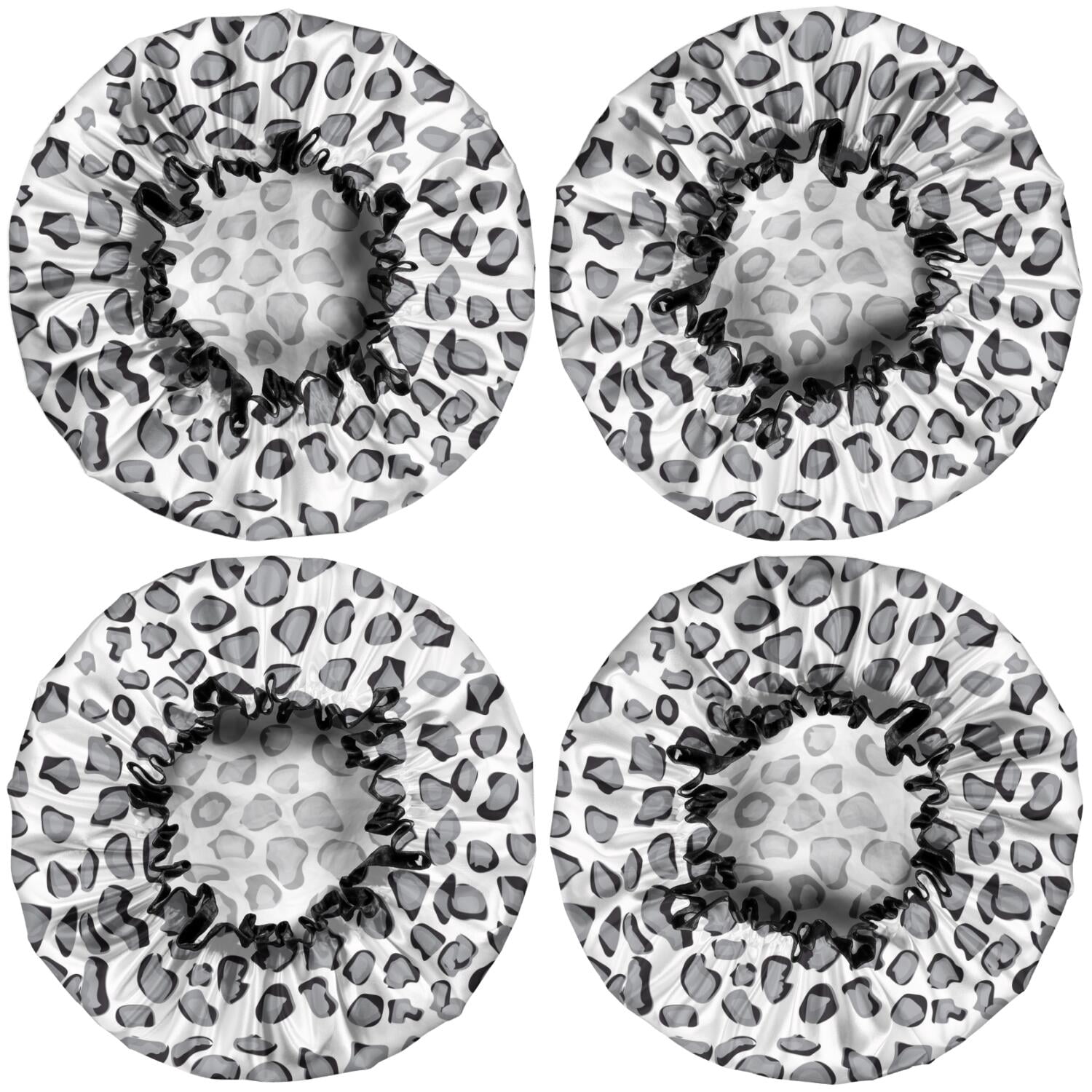 Shower Caps,White and Gray Of Leopard Print Waterproof Shower Cap for Women 4 Pieces,Double Reusable Hair Cover for Shower PEVA Elastic Stretch Hem