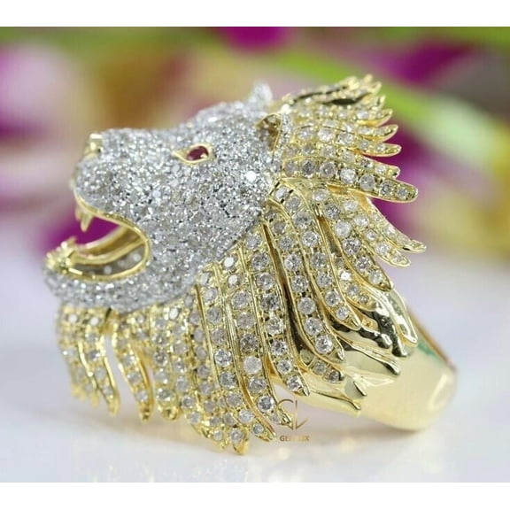 Aishvi Jewels 3 Ct Round Cut Real Moissanite Men's Lion Head Ring 14K Yellow Gold Plated 925 Sterling Silver