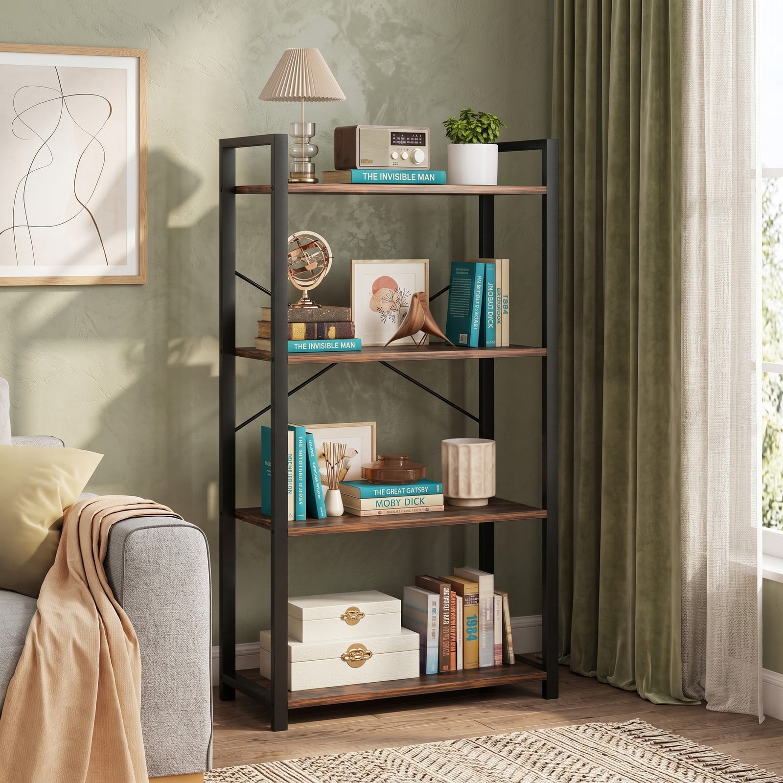 Furnibear 4-Tier Bookshelf with Heavy Duty Metal Frame, Industrial Freestanding Display Storage Shelf with X-Shaped Bracket and Anti-Tip Kits for Living, Rustic Brown