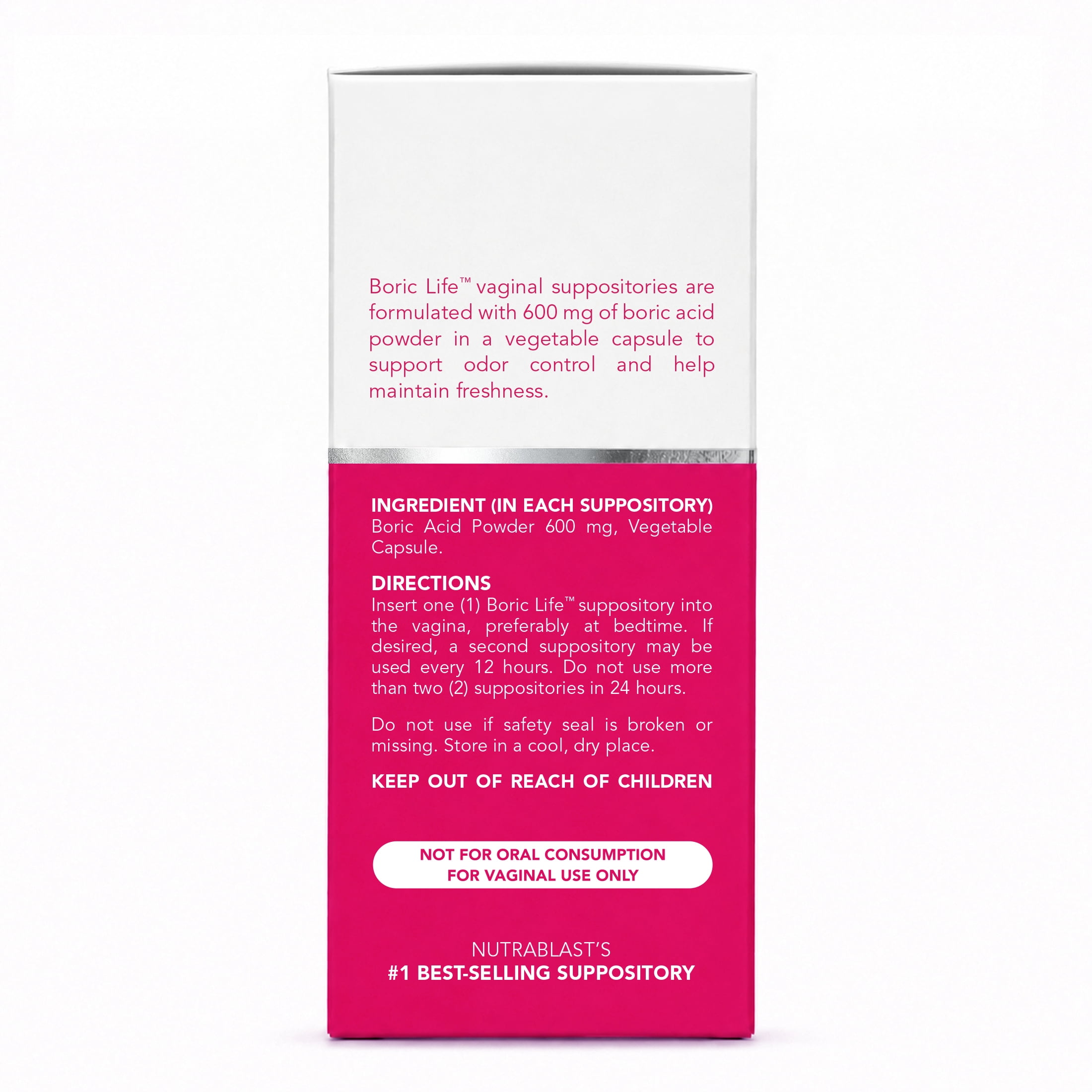 NutraBlast Boric Life Boric Acid Vaginal Suppositories 600 mg, 30 Count for Odor Control