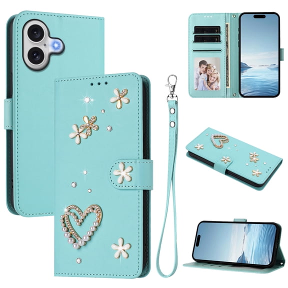 Wallet Case For iPhone 16, Elegant 3D Floral Pearl Heart Bling Rhinestone PU Leather Flip Cover with Card Holder Wrist Strap Kickstand & Magnetic Closure for Women Girls, Mint