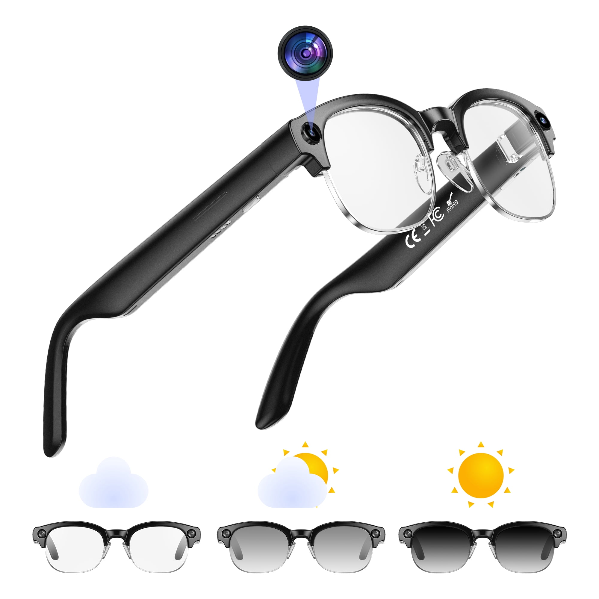 CamelParty AI Smart Glasses with 12MP Camera, 4K Video Recording Sunglasses with Voice Assistant, Bluetooth, WI-FI, Real-Time Translation, Hands-Free Calls & Music, Black
