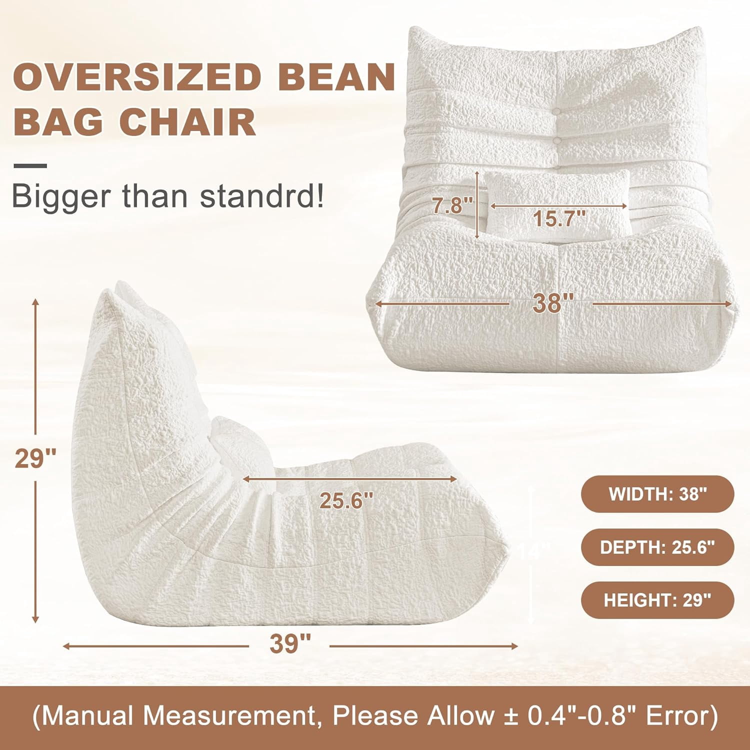 Bean Bag Chair for Adults - Large Bean Bag with Lumbar Pillow, Oversized Chenille Boneless Chair with High-Rebound Memory Foam, Lazy Floor Sofa for Reading, Gaming, Living Room, Bedroom, White