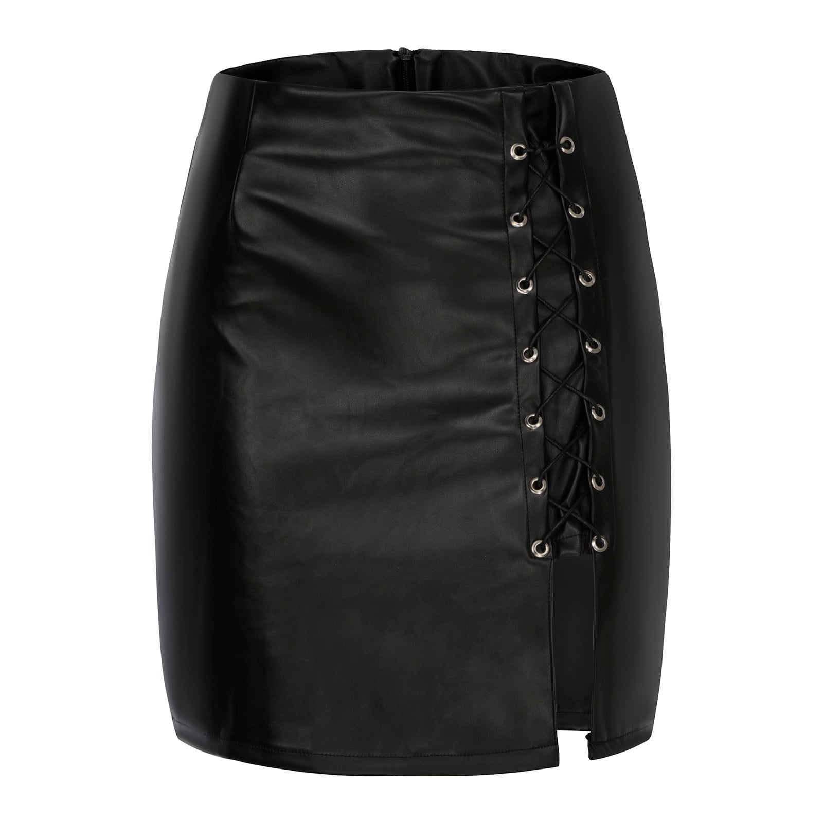 Jovati Faux Leather Skirt Fashion Women Sexy Solid Bandage Short Skirt High Waist Faux Leather Mini Skirt Black