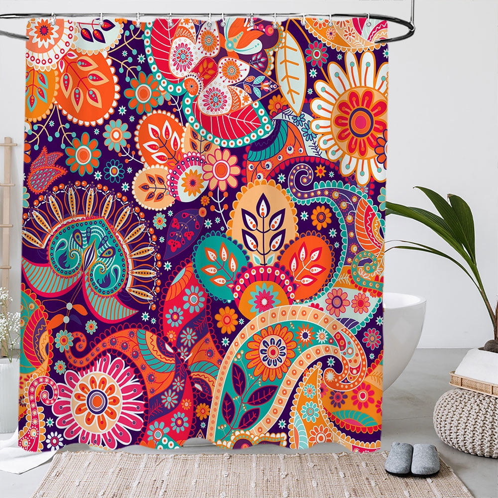 4 Pcs Boho Paisley Mandala Floral Shower Curtain Set with Rug Toilet Cover and Bath Mat for Bathroom